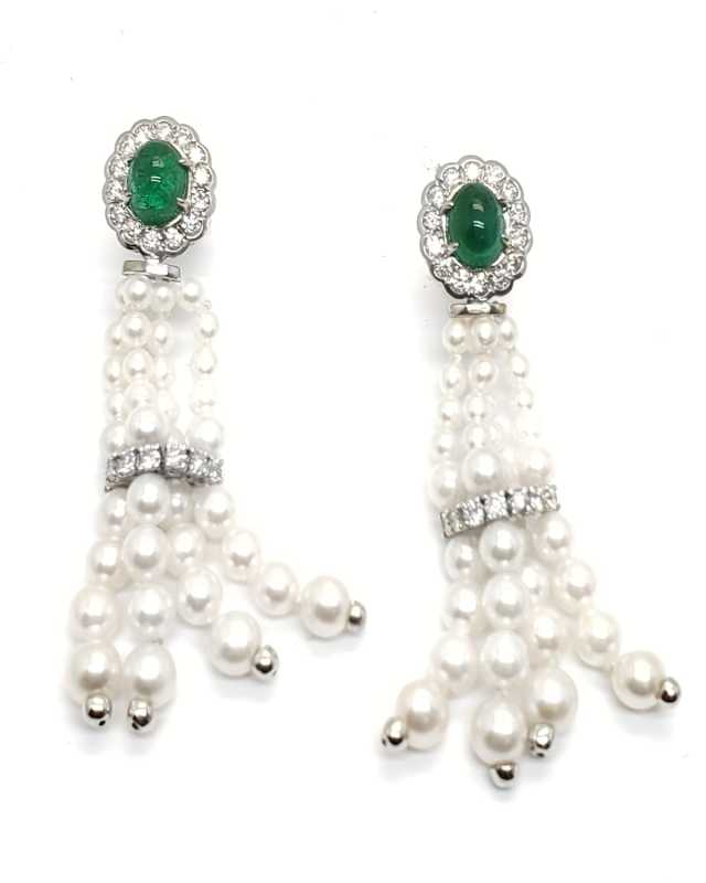 18K White Gold Diamond and Emerald Earrings with Freshwater Pearls
